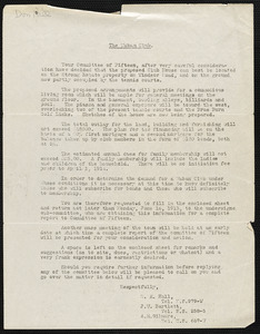 Letter proposing the establishment of a Waban Club