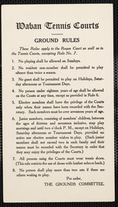 Waban Tennis Courts ground rules and list of officers for 1906