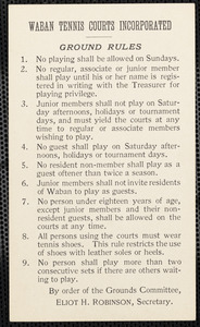 Waban Tennis Courts ground rules and list of officers for 1909