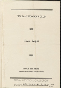 Waban Woman’s Club, Guest Night, 1924