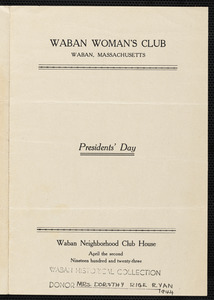 Waban Woman’s Club, Presidents’ Day, April 2nd, 1923