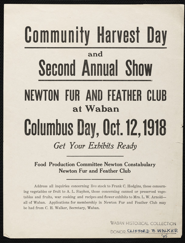 Community Harvest Day and Second Annual Show, Newton Fur and Feather Club