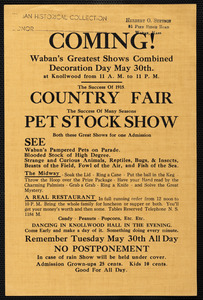 Flyer announcing Waban’s greatest shows combined Decoration Day May 30th, Country Fair and Pet Stock Show