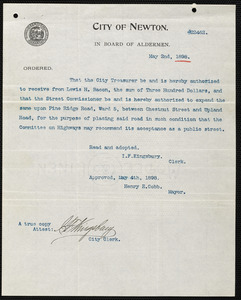 A true copy of City of Newton Board of Alderman order # 22462 dated May 2nd, 1898