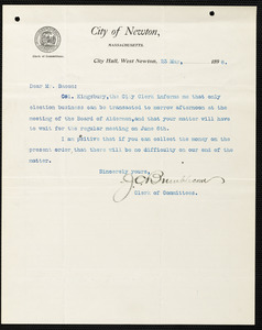 Letter dated May 23, 1898 from Newton Clerk of Committees to Mr. Bacon informing him that the road improvement would be discussed at the June 6th Aldermanic meeting