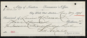 Receipt for $300.00 issued to Lewis Bacon from the City of Newton dated May 27, 1898 for Pine Ridge Road improvements
