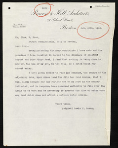 Letter dated Oct. 20, 1899, from Lewis H. Bacon to Newton Street Commissioner Chas. F. Ross protesting the use of his lot by the City as a catch basin for street water