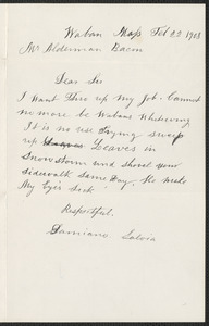 Letter of resignation dated Feb 22 1908 from Samiano Salvia to Mr. Alderman Bacon