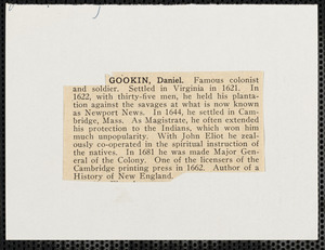 Brief biography of Daniel Gookin a colonist who worked with Eliot and the Indians