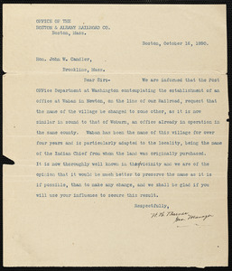 Letter from the Boston & Albany Railroad to Hon. John W. Candler replying to a request that Waban change its name