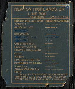 Newton Highlands BR. Line #106 telegraph codes