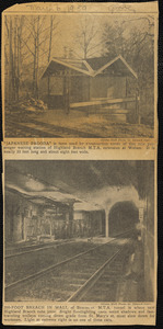 Captioned photographs of Japanese pagoda waiting room at Waban Stations and the M.T.A. tunnel