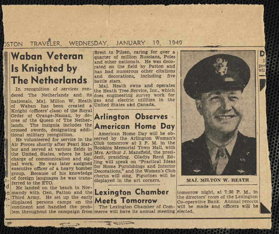 Major Milton W. Heath of Waban knighted by the Netherlands