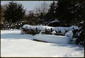 Bench and fence in deep snow, Arnold Arboretum