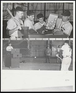 Baseball Spring Training At M.I.T. with the help of automatic pitcher. Top (left to right) Capt. Amos Dixon and Cliff Rounds watch as Wade Greer and Coach Roy Merrit load "pitcher." Bottom--Coach Merrit releases ball as Capt. Dixon takes turn bunting.
