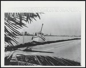 A small boat lies beached along the Miami Beach side of Biscayne Bay and palm fronds litter the roadway in the wake of Hurricane Cleo 8/27. The city of Miami skyline is visible in the background.