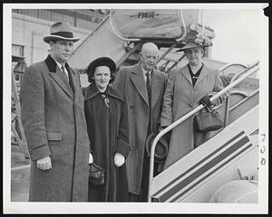 Tobin Relatives Arrive – Former Gov. Maurice J. Tobin was on hand at Boston Airport today with a cousin, Miss Ellen Prendergast of Jamaica Plain, to greet two relatives on hop from Eire. Left to right, the former governor, Miss Prendergast and Mr. and Mrs. William O’Donnell.