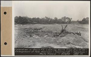 Contract No. 99, Enlargement of Fells High Level Distribution Reservoir, Stoneham, Malden, Melrose, excavation in basin 2, looking north from Sta. 10+50, enlargement of Fells Reservoir, Stoneham, Mass., Jul. 26, 1940