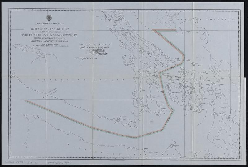 North America--west coast, Strait of Juan de Fuca and the channels between the continent & Vancouver Id. showing the boundary line between British & American possessions