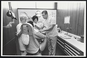 Left: Jean Ostrum dent. asst., Rosemarie Kelly floor supt., Dr. Leonard Grover. Dentist.