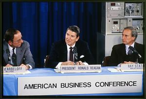 Bedford, MA: Pres. Ronald Reagan speaks at a meeting of high tech execs
