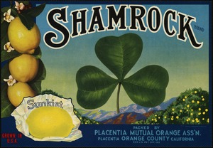 Shamrock Brand. Packed by Placentia Mutual Orange Ass'n., Placentia California, Orange County