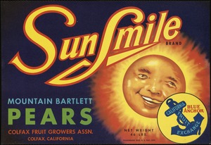 Sun Smile Brand. Mountain Bartlett pears, Colfax Fruit Growers Assn., Colfax California