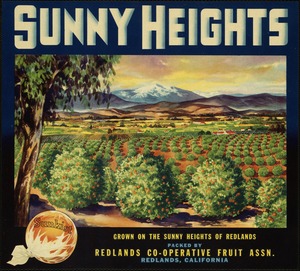Sunny Heights. Packed by Redlands Co-operative Fruit Assn., Redlands, California