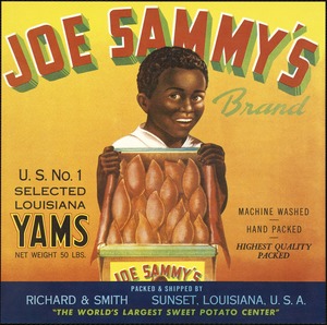 Joe Sammy's Brand. U.S. No. 1 selected Louisiana yams, packed & shipped by Richard & Smith, Sunset, Louisiana, U.S.A.