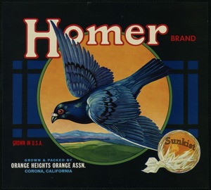 Homer Brand. Grown & packed by Orange Heights Orange Assn., Corona, California