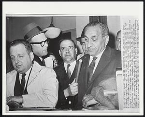 Crime Syndicate Boss Arranges Bail--Tony Accardo, right, boss of the Chicago crime syndicate, appears at the U.S. Commissioner’s office in Chicago today after his arrest on charges of filing false income tax returns. Accardo was released on $25,000-bond arranged by bondsman Erwin Weiner, left. Accardo was indicted yesterday by a special grand jury investigating organized crime, but it was held secret until his arrest at his 22-room mansion early this morning.