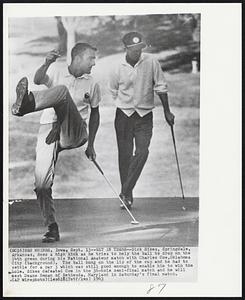 Get in There--Dick Sikes, Springdale, Arkansas, does a high kick as he tries to help the ball to drop on the 14th green during his National Amateur match with Charles Coe, Oklahoma City (background). The ball hung on the lip of the cup and he had to settle for a par 3 which was still good enough to enable him to win the hole. Sikes defeated Coe in the 36-hole semi-final match and he will meet Deane Beman of Bethesda, Maryland in Saturday’s final match.