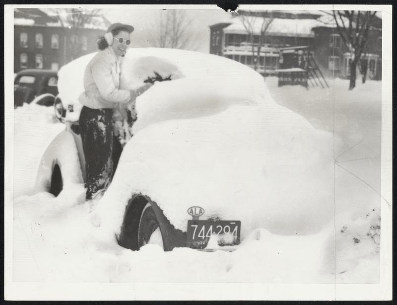 If Selma McLaughlin's recollection of her registration number serves her correctly she is removing snow from her own car, one of scores buried in the storm at Medfield.