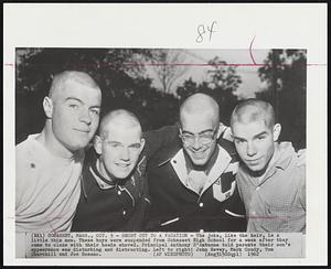 Short Cut to a Vacation - The joke, like the hair, is a little thin now. These boys were suspended from Cohasset High School for a week after they came to class with their heads shaved. Principal Anthony D'Antuone told parents their son's appearance was disturbing and distracting. Left to right: John Hevey, Mark Coady, Tom Churchill and Joe Rosano.