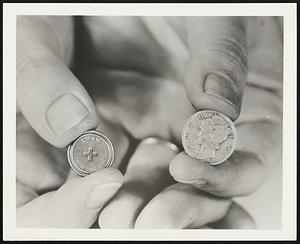 "Tom's Thumb" or a dime is bigger than a new hearing aid mercury battery developed by General Dry Batteries, Inc., Cleveland. This battery makes transistor hearing aids more efficient and economical to use. It is the world's most powerful miniature commercial battery.