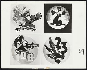 New fighting Insignia designed at Walt Disney Hollywood studio. Upper left: Pugnacious symbol of Eagle Squadron, fliers of United States seeing action with RAF Upper right: Seal juggling initials of the Alaska defense forces. Lower left: 108th Observation Squadron's eagle. Lower right: Power-diving falcon of 23d Pursuit Squadron at Ponce, Puerto Rico.