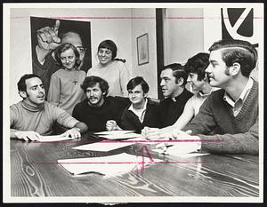 The Boston Eight, discuss future strategy. Seated, left, Rev. Anthony Scoplick of Baltimore, Md., Darrel DeWease, Philadelphia, Pa., Paul E. Couming, Boston Rev. John Galvani, Somerville, Mass., Claudette W. Piper, Washington, D.C., William Au of New Jersey. Standing, left, Sister Mary Cain, Baltimore, Md. and Barbara Shapiro, Santa Barbara, Calif.