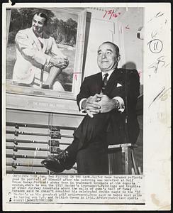 A Fixture in the Game-Golfer Gene Sarazen reflects pose in portrait of himself after the painting was unveiled at Golf House today. Portrait shows Gene in trademark knickers at the Augusta course, where he won the 1935 Master's tournament. Paintings and trophies of other fairway immortals adorn the walls of game's hall of fame. Sarazen said he doesn't consider his celebrated double eagle in the '35 Master's as his greatest golf achievement. Gene said he takes most pride in having won U.S. and British Opens in 1932.