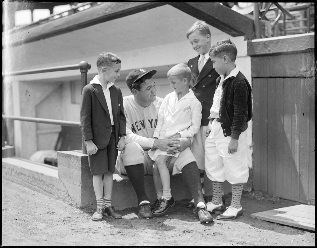 Babe Ruth talks with youngsters at Fenway