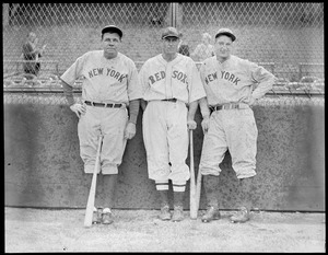 Babe Ruth and Lou Gehrig of the Yankees with Carl Reynolds of the Red Sox.