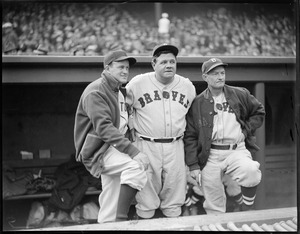 Babe Ruth in dugout with Joe Cronin of the Sox and his manager with the Braves Bill McKechnie