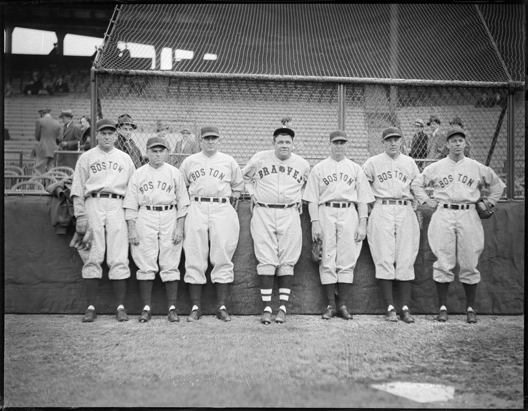 Babe Ruth as a Boston Brave poses with Red Sox players