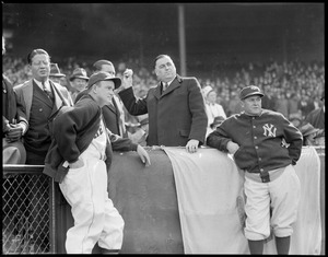 Gov. Hurley throws out the first ball as Joe Cronin and McCarthy watch, at Fenway