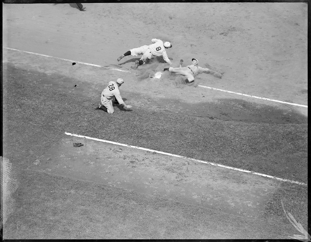 St. Louis Browns runner slides into third at Fenway