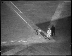 Babe Ruth goes down after a close shave from Red Sox pitcher