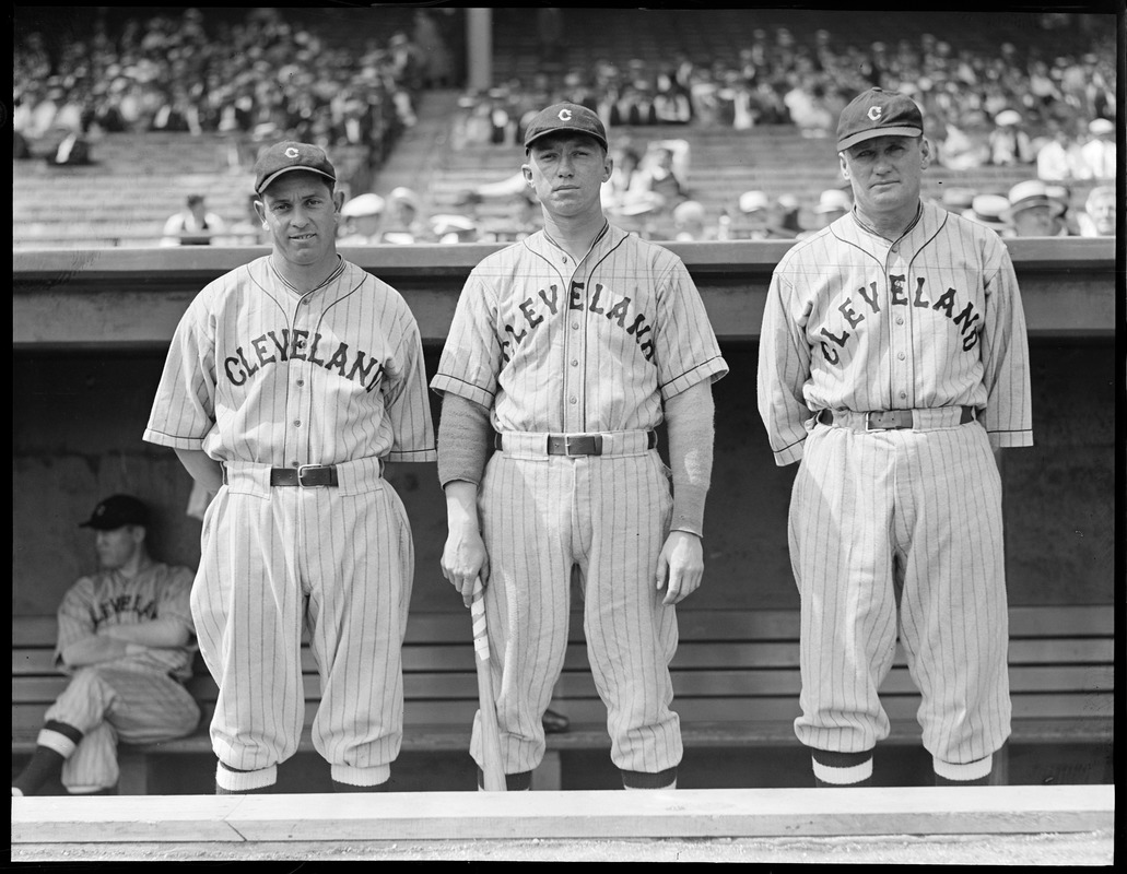 Earl Averill, Mel Harder and manager Walter Johnson of the Cleveland Indians