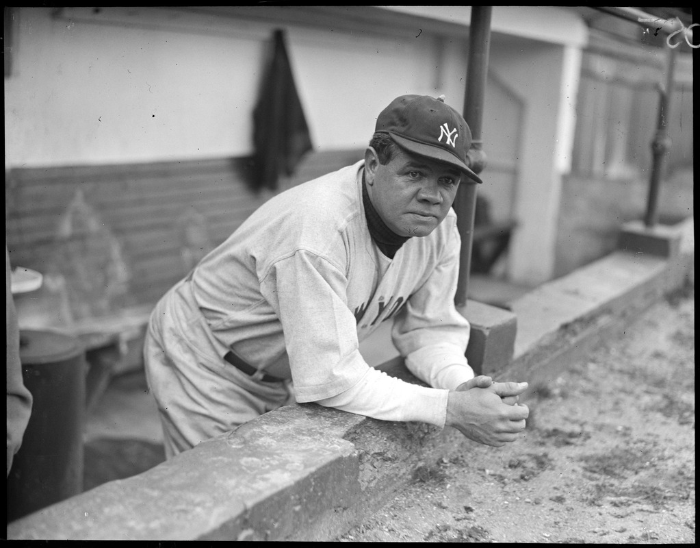 Babe Ruth of the Yankees in dugout at Fenway