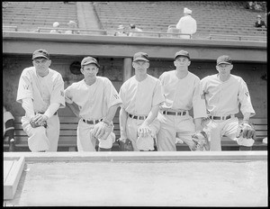 Star batters for the Senators, lined up in dugout at Fenway Heinie Manush, Cecil Travis, Johnny Stone, Buddy Myer and Joe Kuhel