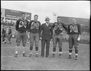 Pro football stars Chicago Cardinals. No 40: Moynihan, No 45: McNally, Coach: Former RB for Notre Dame, No 30: Simas, No 47: Douds