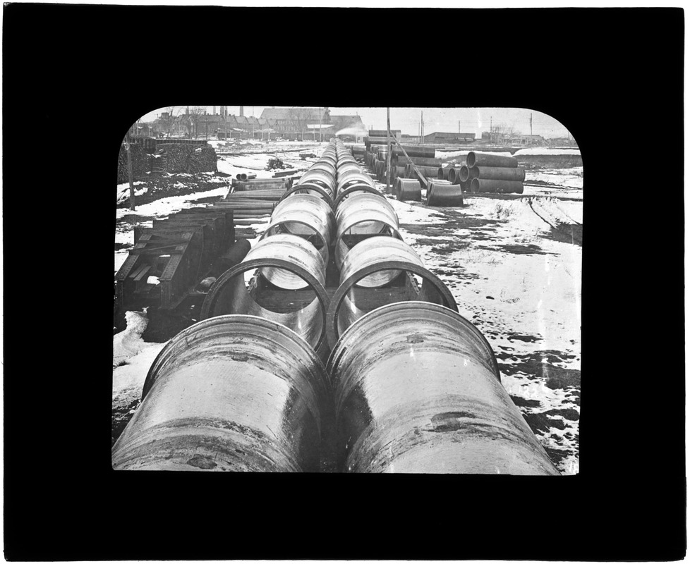 Distribution Department, train load of 48-inch pipe, Camden Iron Works, Mass., ca. 1895-1899